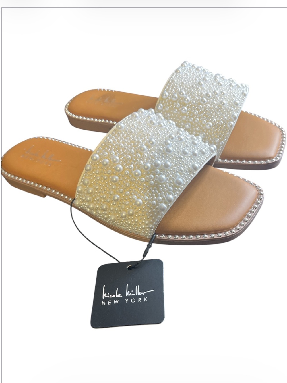 Nicole Miller Ivory Pearl-Embellished Slide Sandals 8